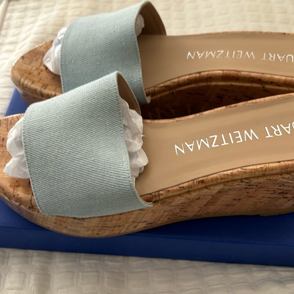 Light blue linen and corked wedge size 9 Stuart Weitzman.